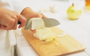 Cut Onions in a way that does not tear. Soak in cold water and refrigerate